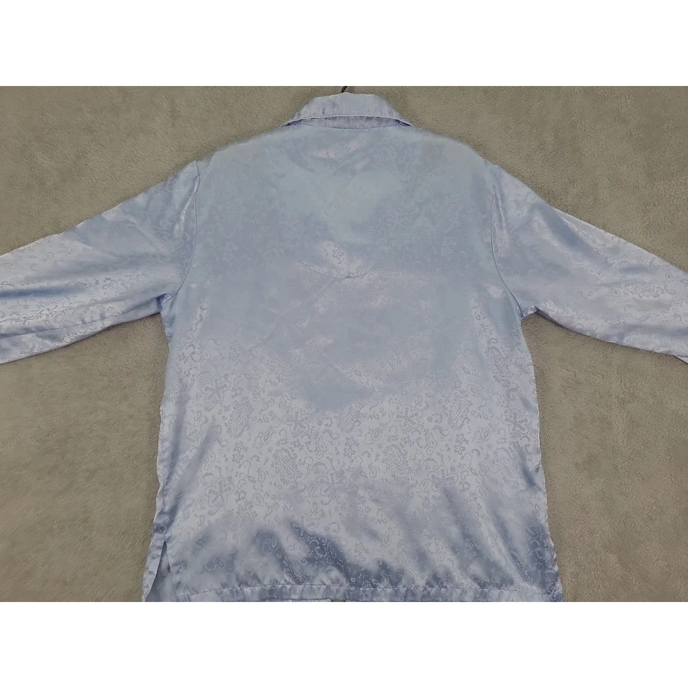 Vintage Character Womens Pajama Set Medium Light Blue Paisley Satin Button Down
